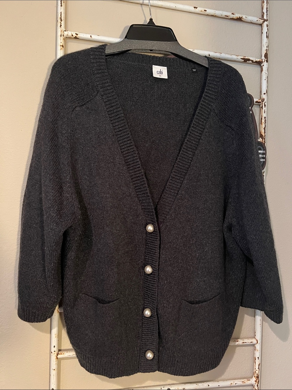 CAbi Charcoal Black Pearl-Button V-Neck Cardigan